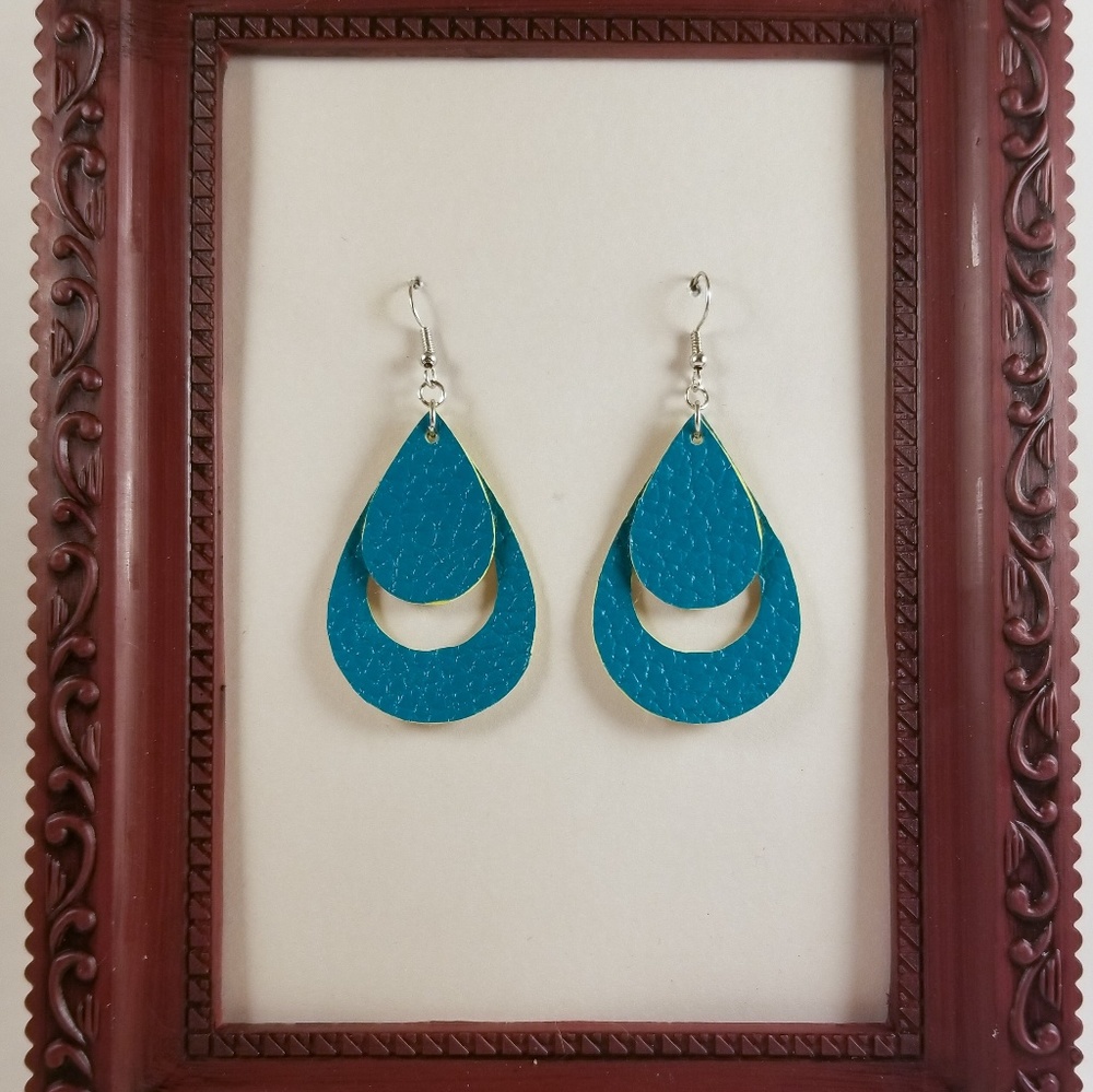 💎Handmade Leather Earrings, Teal with Neon Edge
